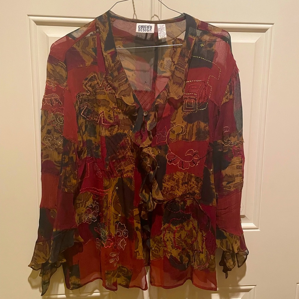 Chico’s Sheer Silk Blouse, Chico’s Size 3 (large) Burgundy, Rust, Browns, Gold